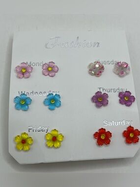 6-Pair Floral Stud Earring Set - Multicolor Flower Studs